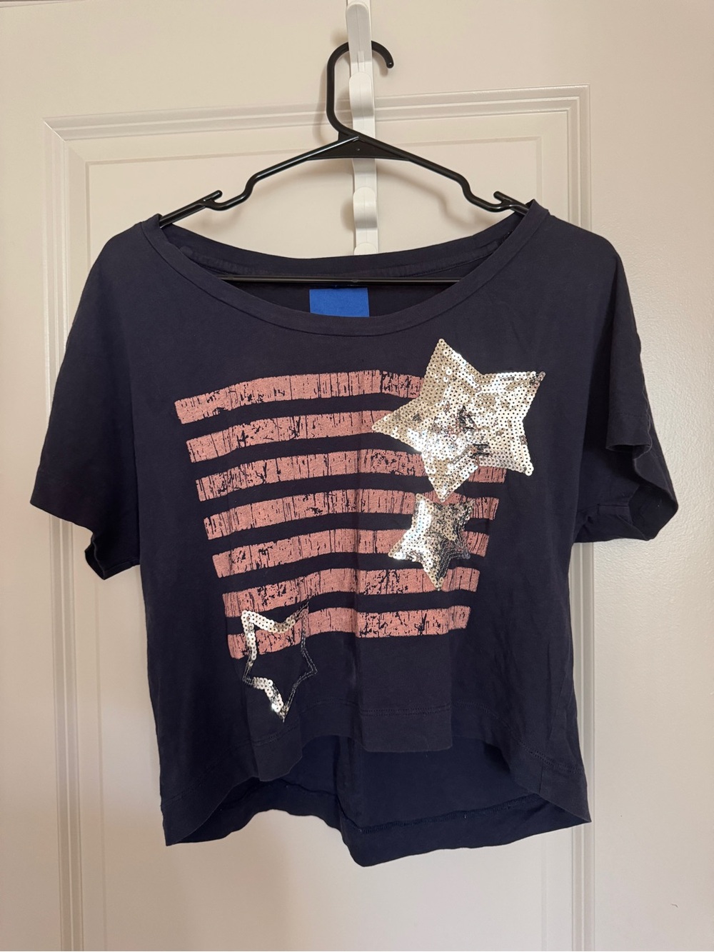 Korean brand Y2K navy cotton t-shirt with sliver sequined stars